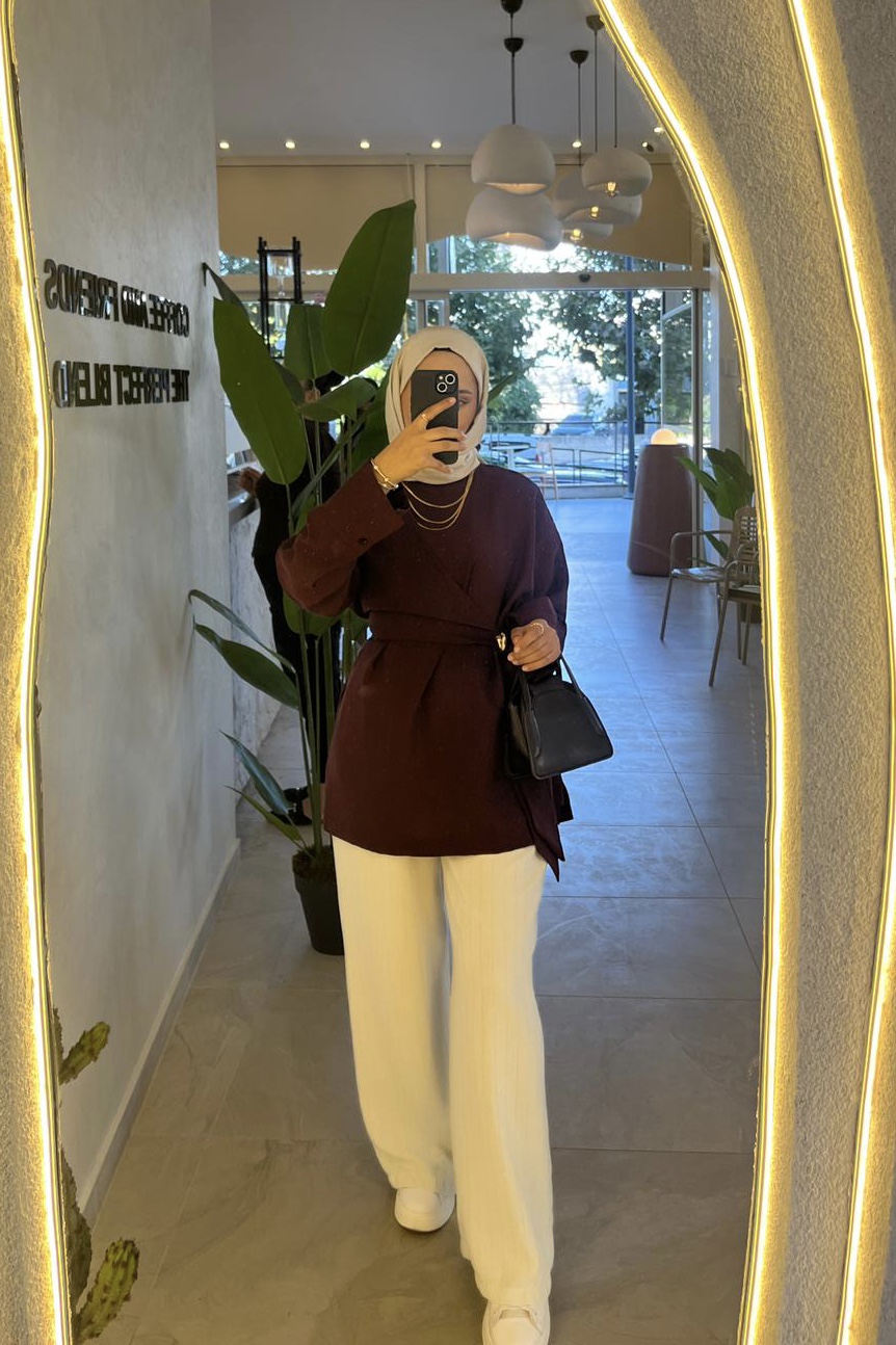 Zarif Belden Bağlamalı Bordo Kimono